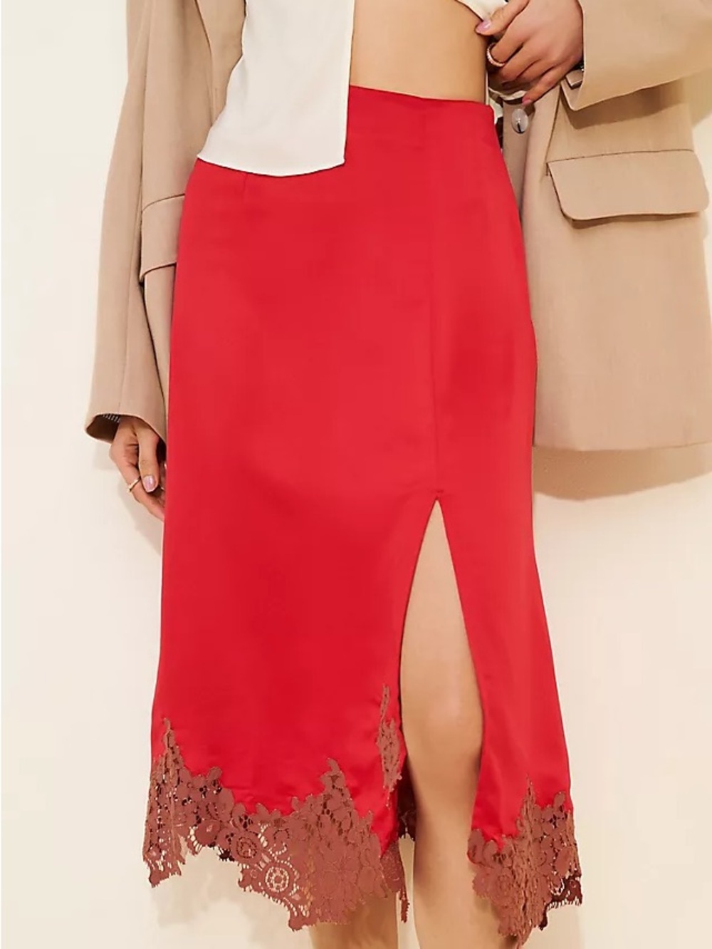 Anthropologie Red Midi Skirt with Brown Lace Trim and Front Slit